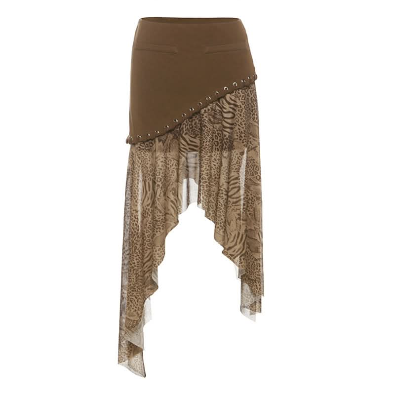Enchanted Forest Asymmetrical Midi Skirt - Layered Animal Print Fairy Grunge for Fall