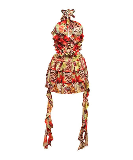Vibrant Tropical Halter Ruffle Mini Dress - Chic Cut-Out Getaway & Resort Wear