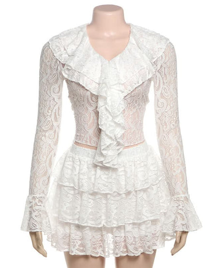 Enchanting White Lace Ruffle Mini Skirt Set - Fall & Holiday Soirées
