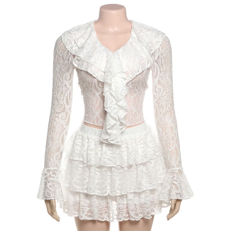 Enchanting White Lace Ruffle Mini Skirt Set - Fall & Holiday Soirées