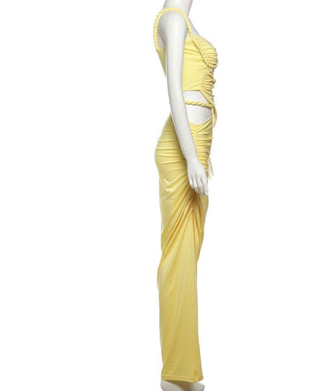 Chic Lemon Chiffon Ruched Cutout Maxi Dress Set | Braided Strap & Bodycon Glam for Destination & Special Events