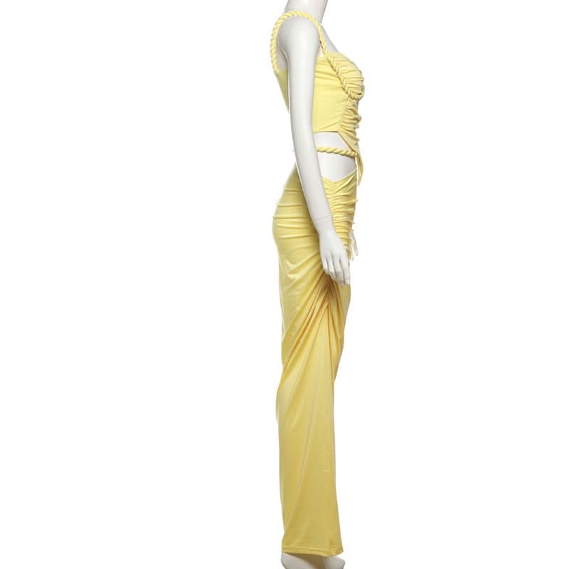 Chic Lemon Chiffon Ruched Cutout Maxi Dress Set | Braided Strap & Bodycon Glam for Destination & Special Events