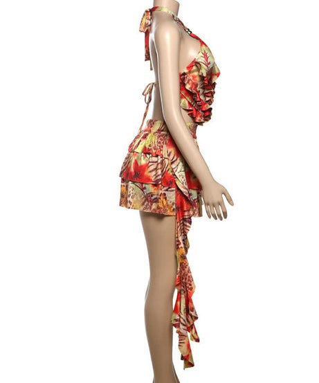 Vibrant Tropical Halter Ruffle Mini Dress - Chic Cut-Out Getaway & Resort Wear