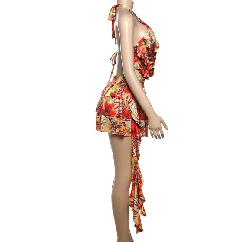 Vibrant Tropical Halter Ruffle Mini Dress - Chic Cut-Out Getaway & Resort Wear