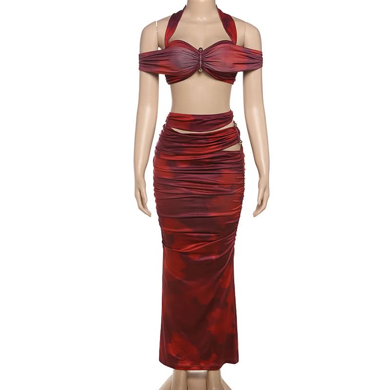 Fall & Holiday Glam: Burgundy Ruched Halter Crop Top & Maxi Skirt Set