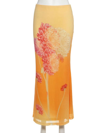 Autumn Glow Floral Mesh Maxi Skirt | Vibrant Gradient & Effortless Style
