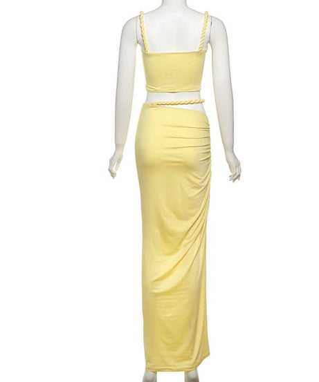 Chic Lemon Chiffon Ruched Cutout Maxi Dress Set | Braided Strap & Bodycon Glam for Destination & Special Events