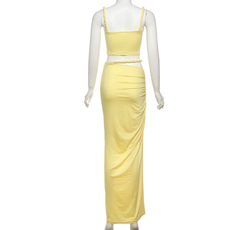 Chic Lemon Chiffon Ruched Cutout Maxi Dress Set | Braided Strap & Bodycon Glam for Destination & Special Events