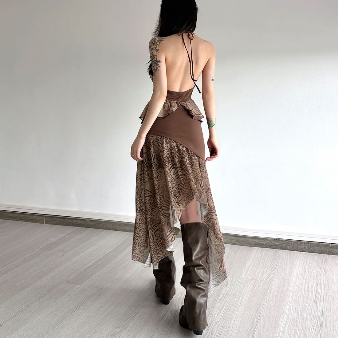 Enchanted Forest Asymmetrical Midi Skirt - Layered Animal Print Fairy Grunge for Fall