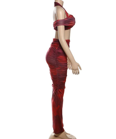 Fall & Holiday Glam: Burgundy Ruched Halter Crop Top & Maxi Skirt Set