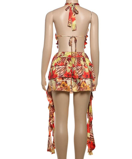 Vibrant Tropical Halter Ruffle Mini Dress - Chic Cut-Out Getaway & Resort Wear