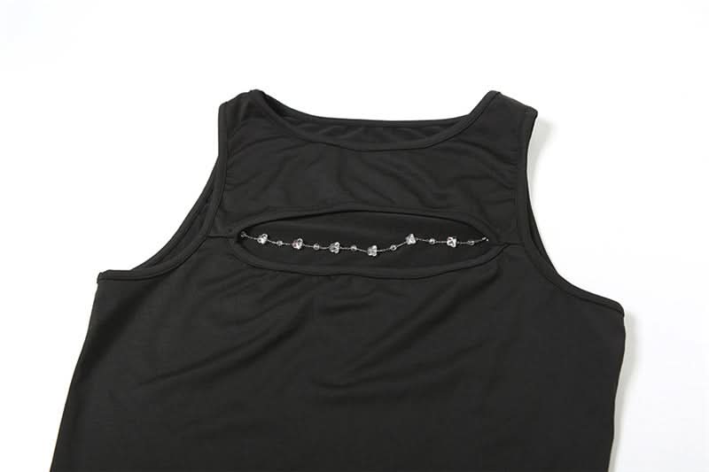 Edgy Chic Black Cutout Tank Top with Dazzling Chain Detail - Your Fall Statement Piece