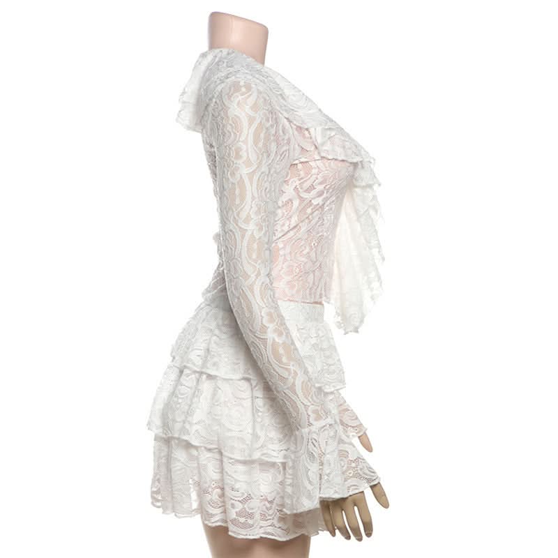 Enchanting White Lace Ruffle Mini Skirt Set - Fall & Holiday Soirées