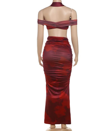 Fall & Holiday Glam: Burgundy Ruched Halter Crop Top & Maxi Skirt Set