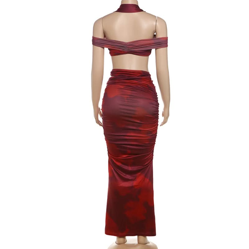 Fall & Holiday Glam: Burgundy Ruched Halter Crop Top & Maxi Skirt Set
