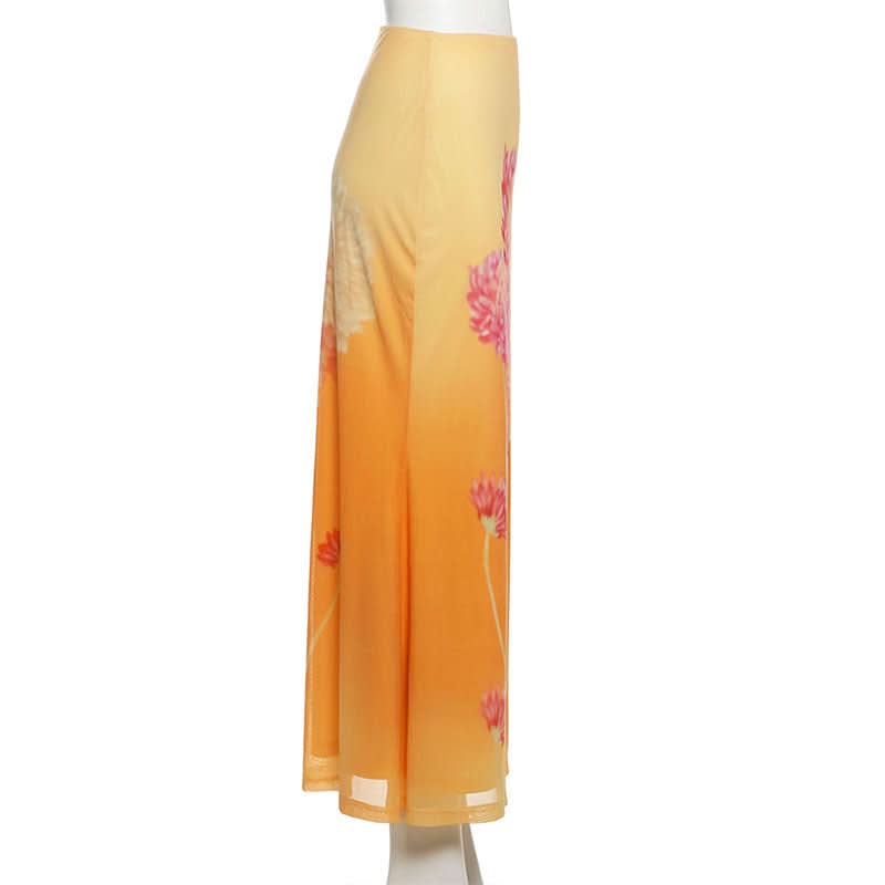 Autumn Glow Floral Mesh Maxi Skirt | Vibrant Gradient & Effortless Style