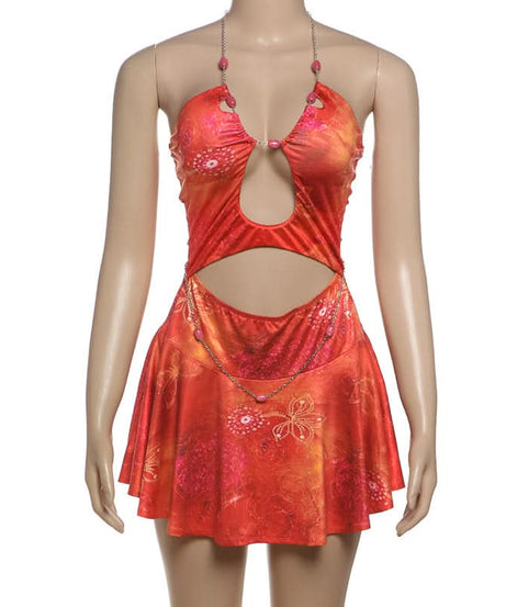 Y2K Fairycore Autumn Haze Cut-Out Halter Mini Dress with Chain Details