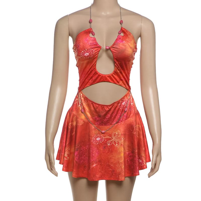 Y2K Fairycore Autumn Haze Cut-Out Halter Mini Dress with Chain Details