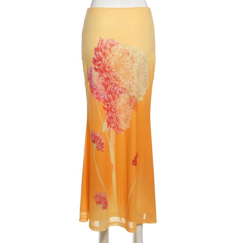 Autumn Glow Floral Mesh Maxi Skirt | Vibrant Gradient & Effortless Style