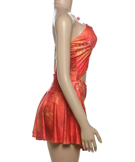 Y2K Fairycore Autumn Haze Cut-Out Halter Mini Dress with Chain Details