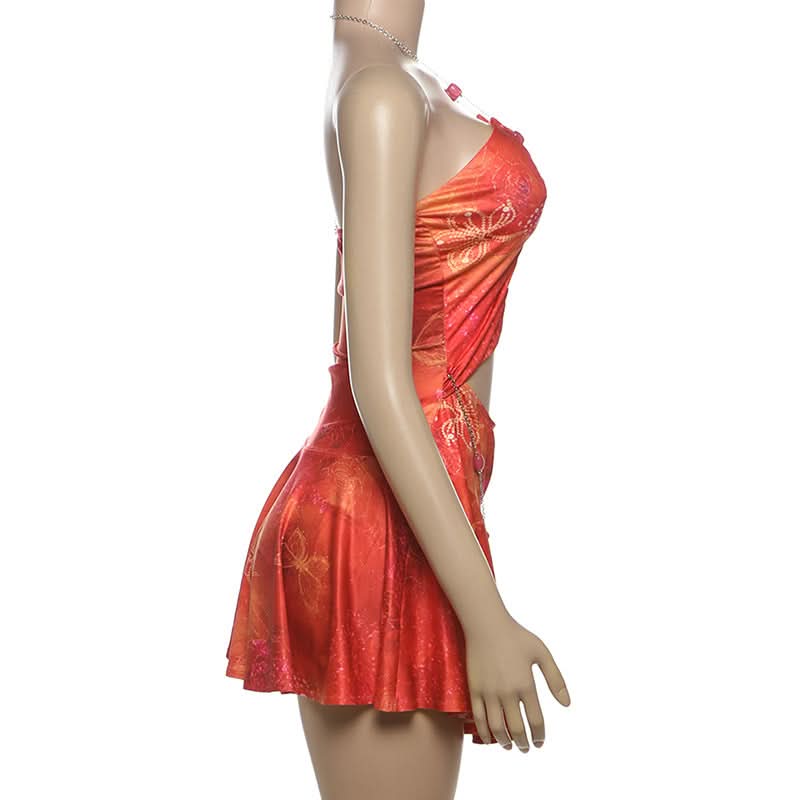 Y2K Fairycore Autumn Haze Cut-Out Halter Mini Dress with Chain Details