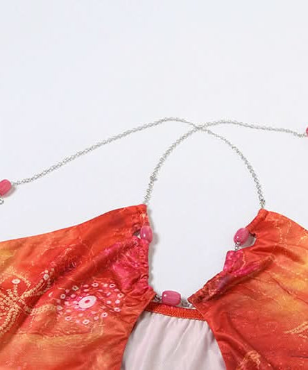 Y2K Fairycore Autumn Haze Cut-Out Halter Mini Dress with Chain Details