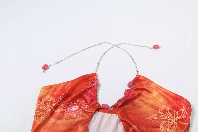 Y2K Fairycore Autumn Haze Cut-Out Halter Mini Dress with Chain Details