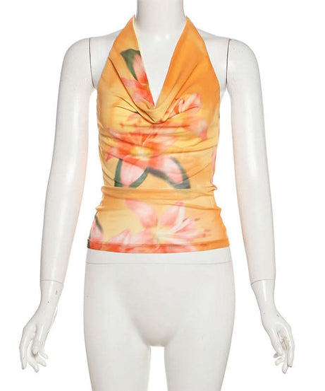 Y2K Floral Halter Cowl Neck Top - Vibrant Mesh for Effortless Fall & Vacay Style