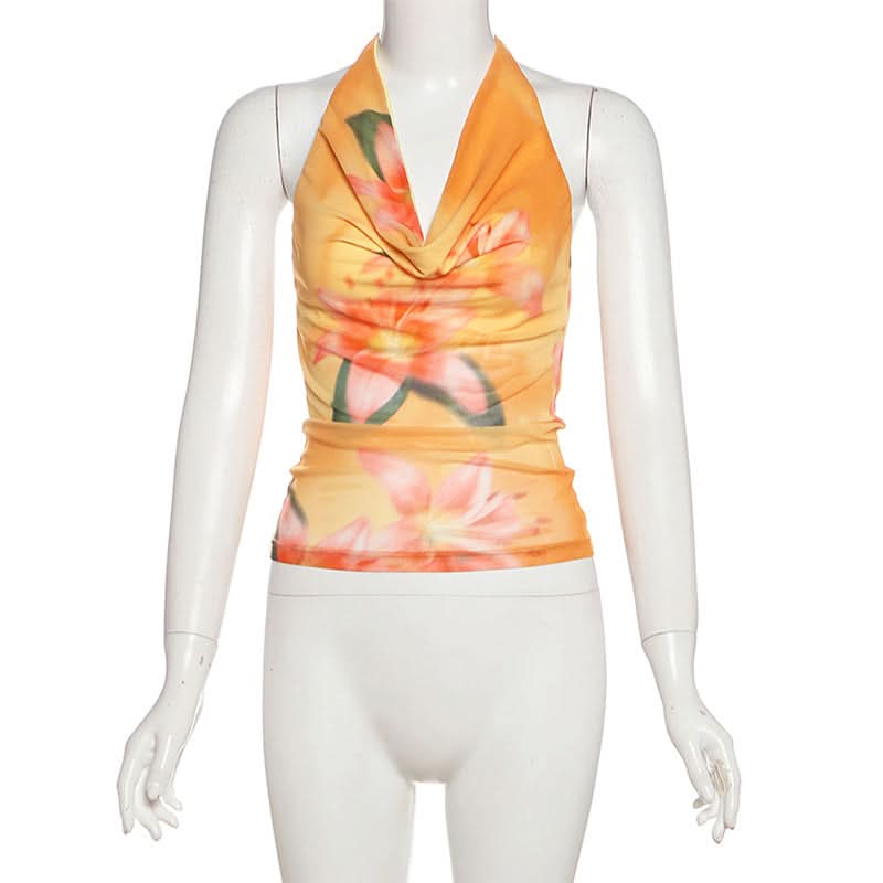 Y2K Floral Halter Cowl Neck Top - Vibrant Mesh for Effortless Fall & Vacay Style