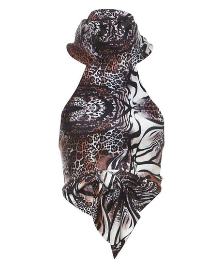 Savage Chic Leopard Zebra Mix Halter Top - Fall Party & Halloween Ready Backless Tie