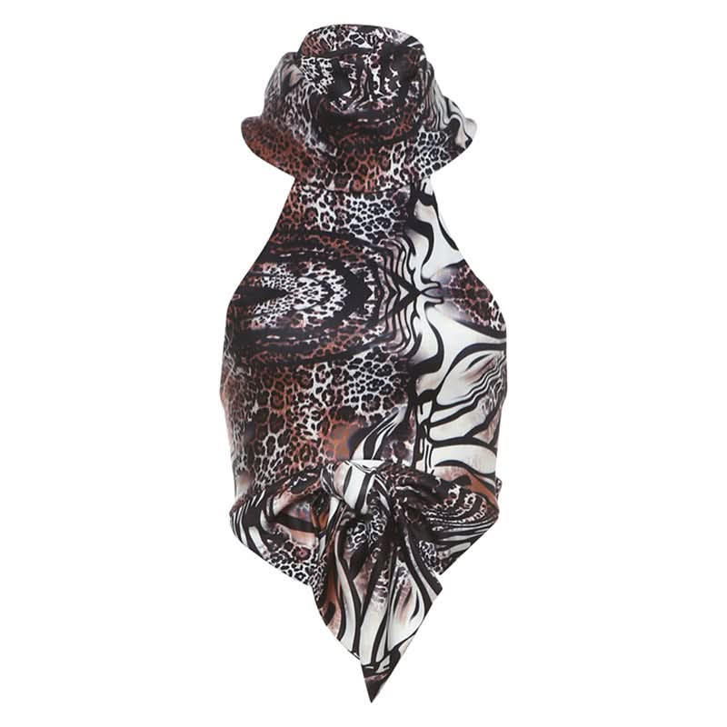 Savage Chic Leopard Zebra Mix Halter Top - Fall Party & Halloween Ready Backless Tie