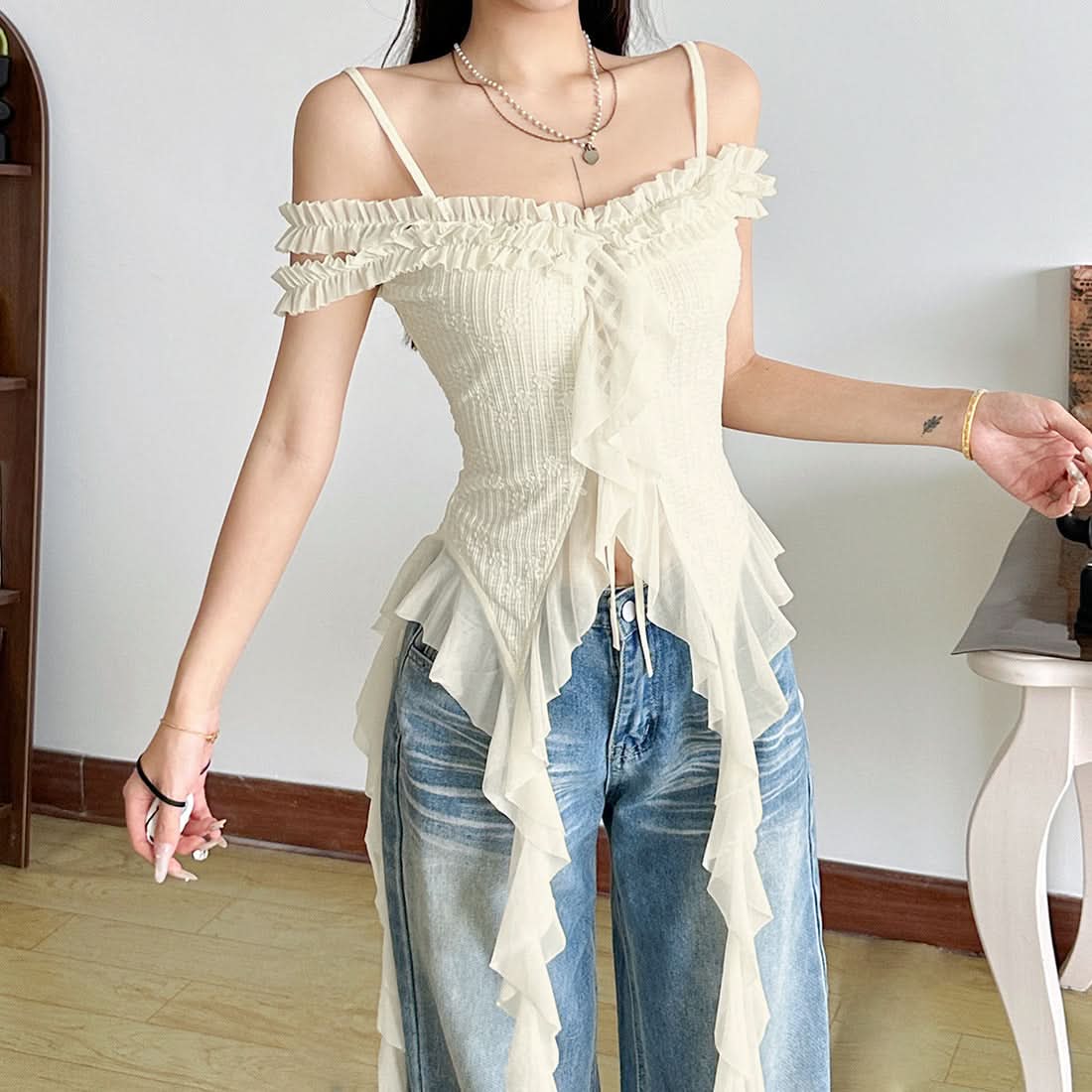 Chic Ruffle Cascading Off-Shoulder Cami Top - Effortless Boho for Fall