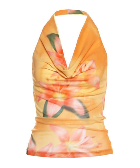 Y2K Floral Halter Cowl Neck Top - Vibrant Mesh for Effortless Fall & Vacay Style