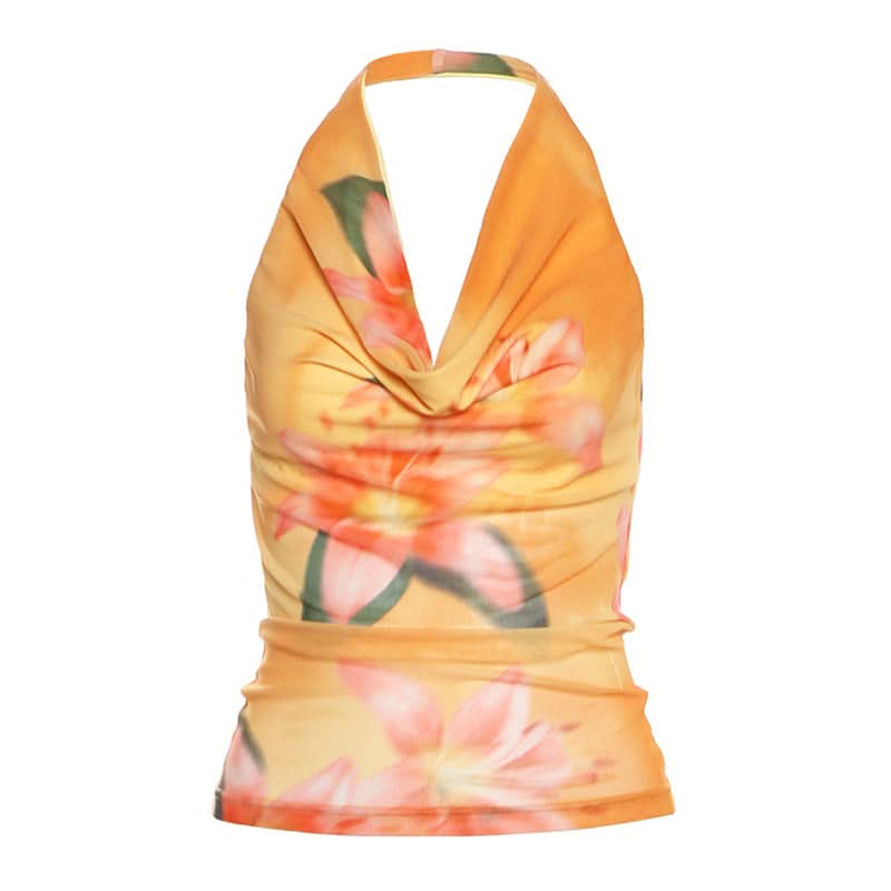 Y2K Floral Halter Cowl Neck Top - Vibrant Mesh for Effortless Fall & Vacay Style