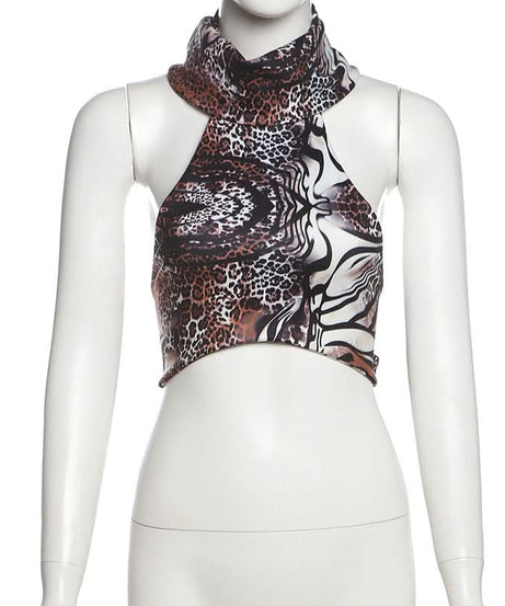 Savage Chic Leopard Zebra Mix Halter Top - Fall Party & Halloween Ready Backless Tie