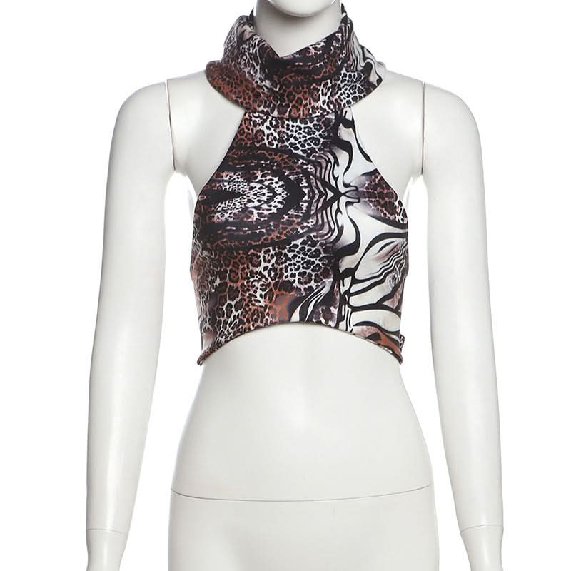 Savage Chic Leopard Zebra Mix Halter Top - Fall Party & Halloween Ready Backless Tie