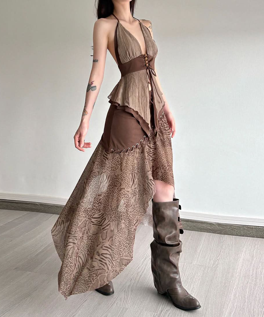 Boho Enchantress Halter Tiered Top - Autumn Festival & Y2K Style