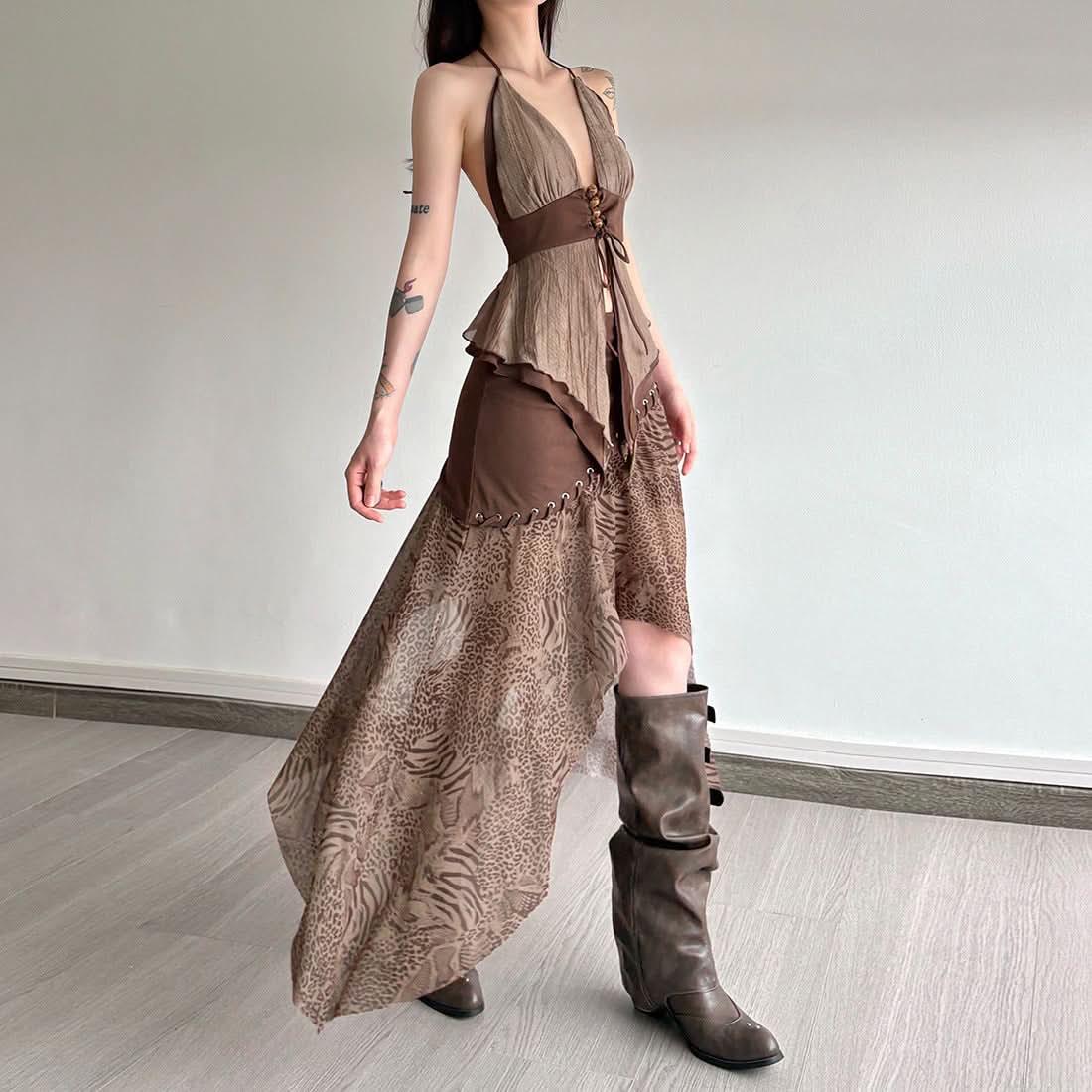 Boho Enchantress Halter Tiered Top - Autumn Festival & Y2K Style