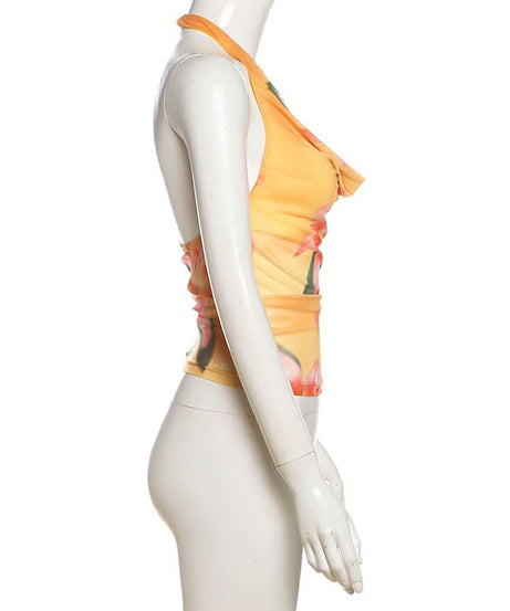 Y2K Floral Halter Cowl Neck Top - Vibrant Mesh for Effortless Fall & Vacay Style