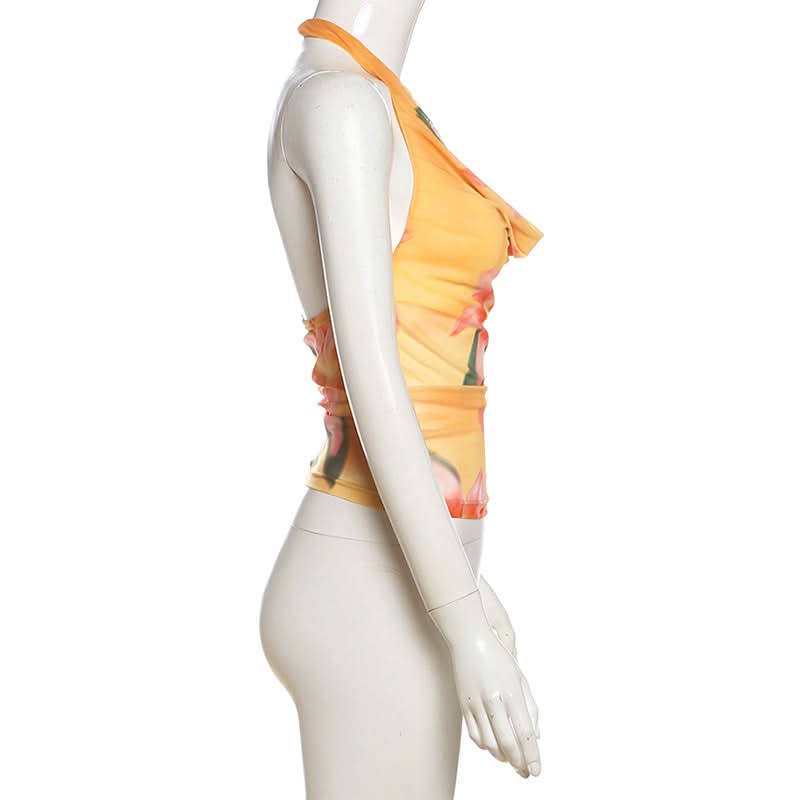 Y2K Floral Halter Cowl Neck Top - Vibrant Mesh for Effortless Fall & Vacay Style