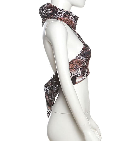 Savage Chic Leopard Zebra Mix Halter Top - Fall Party & Halloween Ready Backless Tie