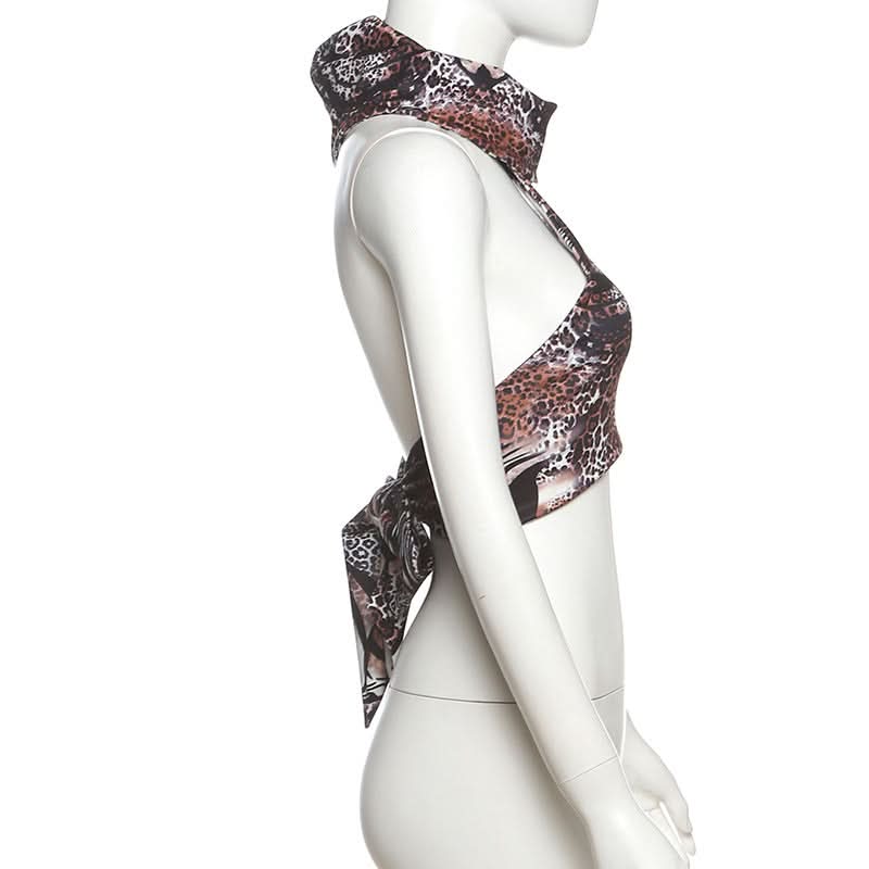 Savage Chic Leopard Zebra Mix Halter Top - Fall Party & Halloween Ready Backless Tie