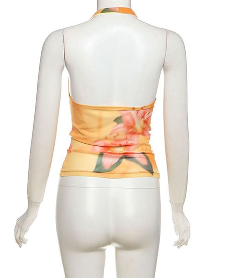 Y2K Floral Halter Cowl Neck Top - Vibrant Mesh for Effortless Fall & Vacay Style
