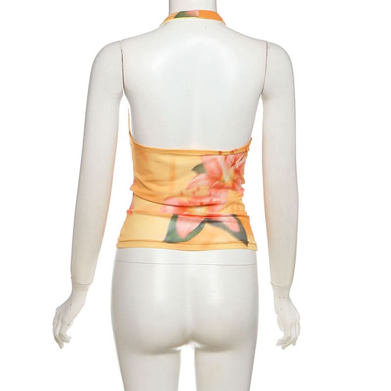 Y2K Floral Halter Cowl Neck Top - Vibrant Mesh for Effortless Fall & Vacay Style
