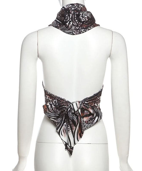 Savage Chic Leopard Zebra Mix Halter Top - Fall Party & Halloween Ready Backless Tie