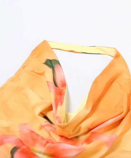 Y2K Floral Halter Cowl Neck Top - Vibrant Mesh for Effortless Fall & Vacay Style