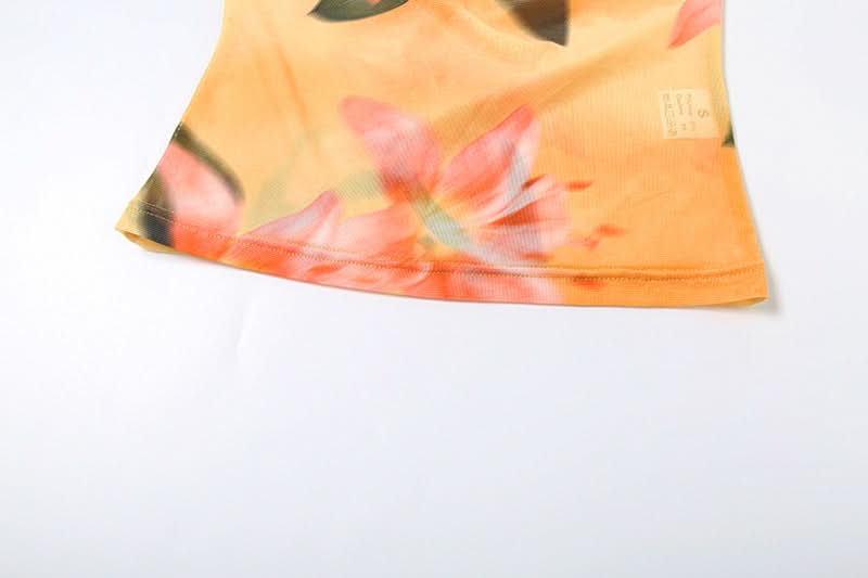 Y2K Floral Halter Cowl Neck Top - Vibrant Mesh for Effortless Fall & Vacay Style