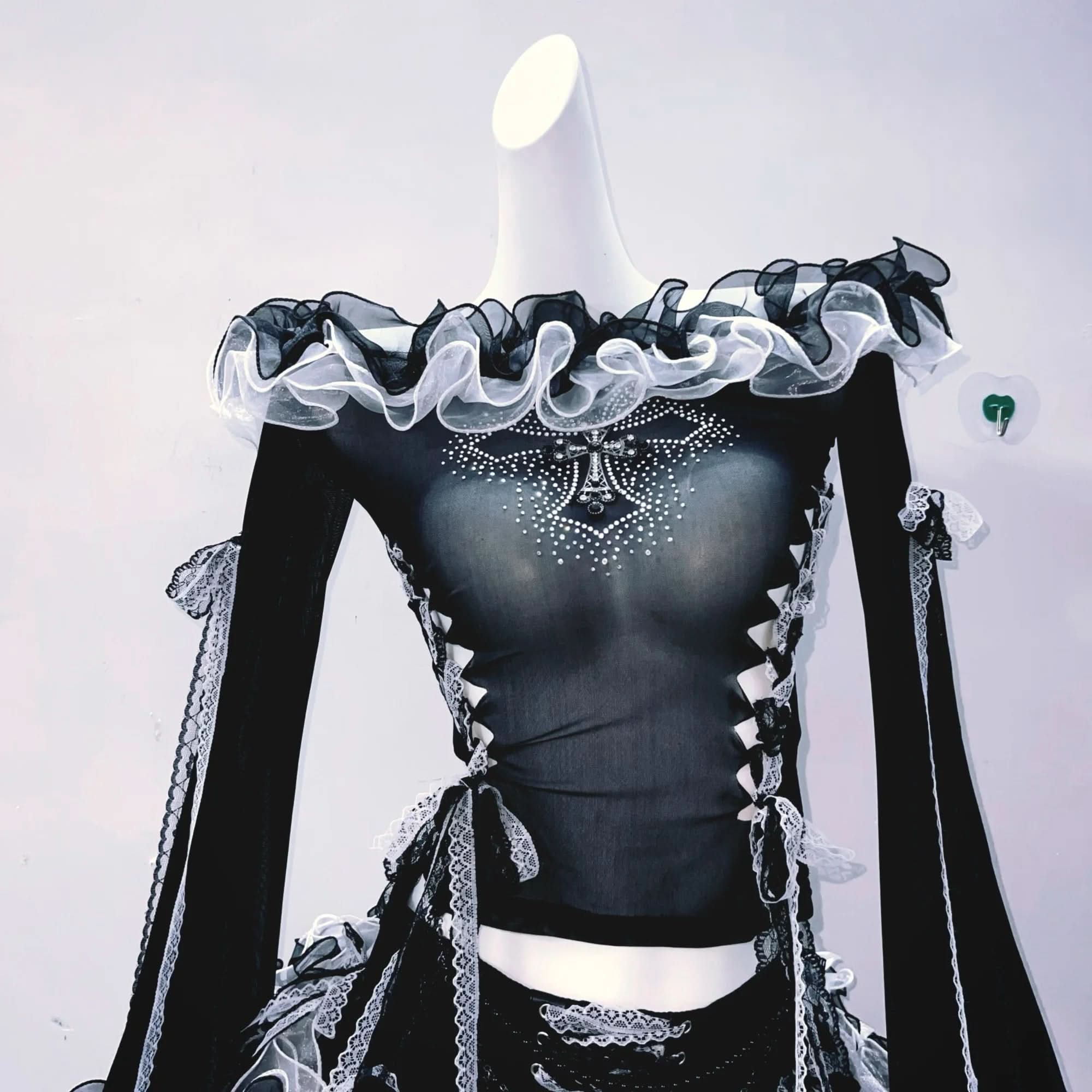 Bewitching Black Ruffle Off-Shoulder Mesh Top | Fall Gothic Glam & Lace-Up Detail