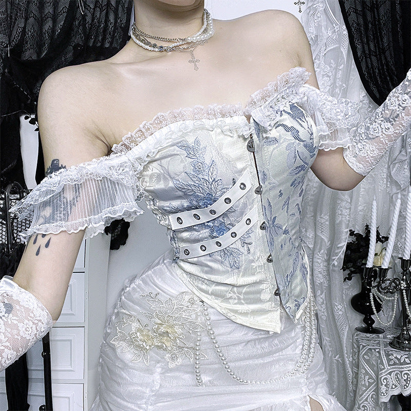 Gothic Romance Blue Floral Brocade Corset Top - Off-Shoulder Holiday Party Chic