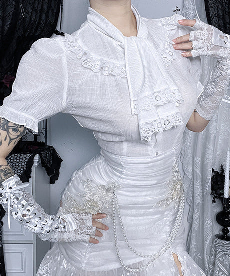 Ethereal White Lace Puff Sleeve Blouse - Victorian Tie-Neck Ruffle Top for Fall & Halloween